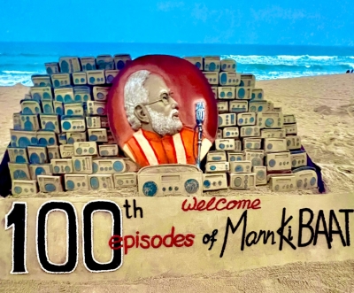 Celebrating 100th episode of PM's Mann Ki Baat, sand artist made Modi's figure among 100 radios