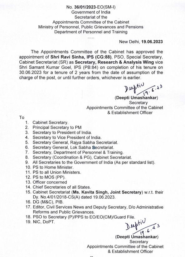 Ravi Sinha appointed new RAW chief