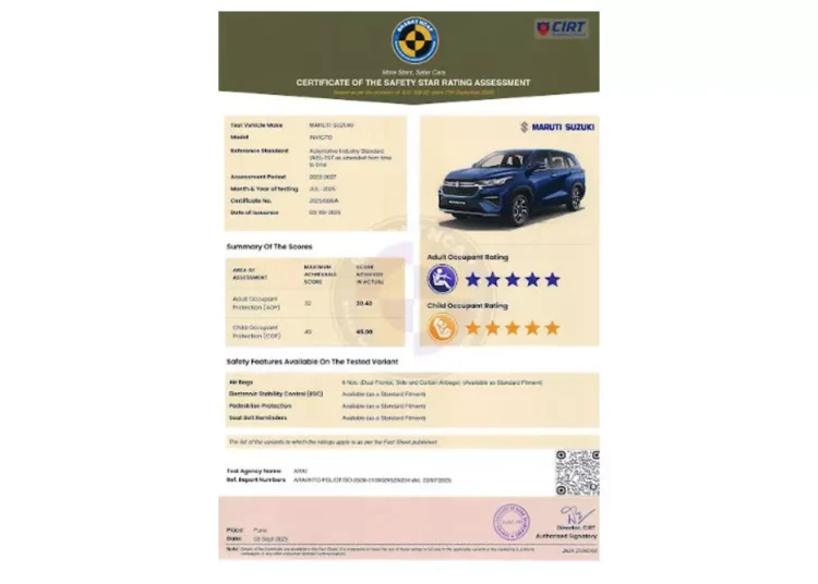 Maruti Suzuki INVICTO Achieves 5-Star Safety Rating in Bharat NCAP