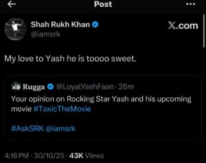 Shah Rukh Khan Shares Support for Yash and His Film Toxic Shah Rukh Khan Shares Support for Yash and His Film Toxic
