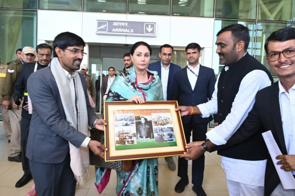Rajasthan Deputy Chief Minister Diya Kumari, who arrived to attend the GST Council meeting, was welcomed